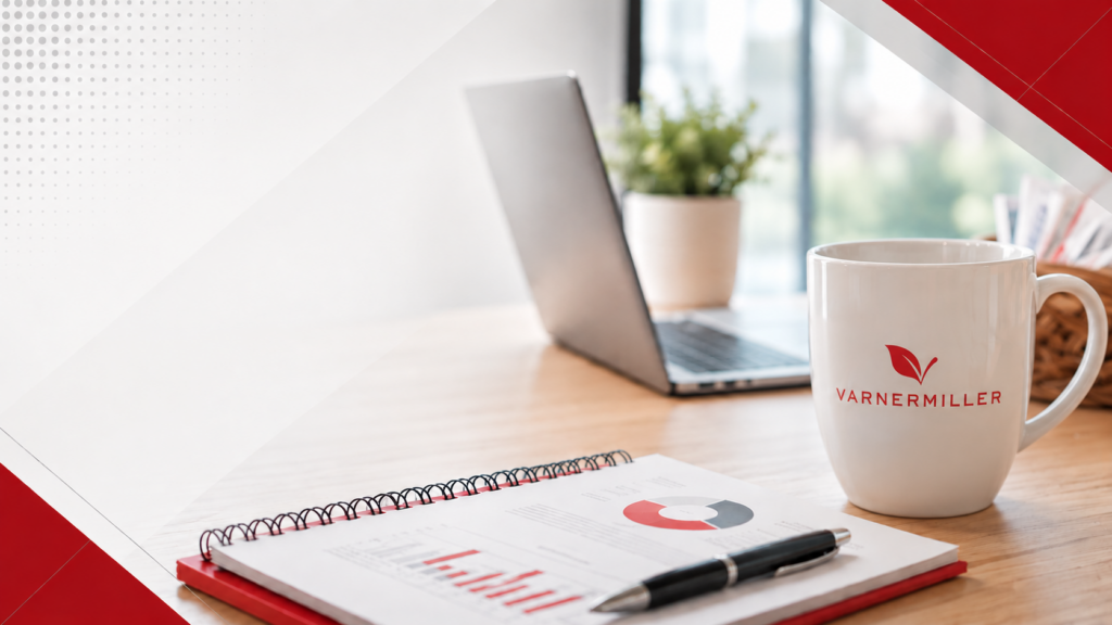 VarnerMiller-branded mug beside a laptop, notebook with charts, and pen on a modern office desk.