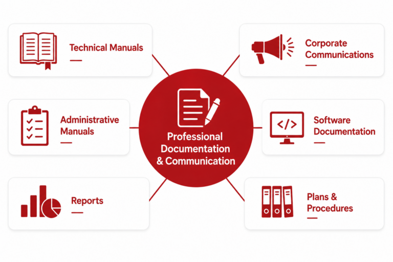 Diagram of professional documentation and communication services, including technical manuals, administrative manuals, reports, corporate communications, software documentation, and plans and procedures.