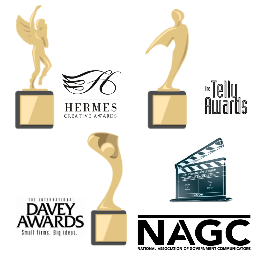 Gold award statuettes and logos representing the Hermes Creative Awards, Telly Awards, Davey Awards, Communicator Awards, and National Association of Government Communicators (NAGC) awards.