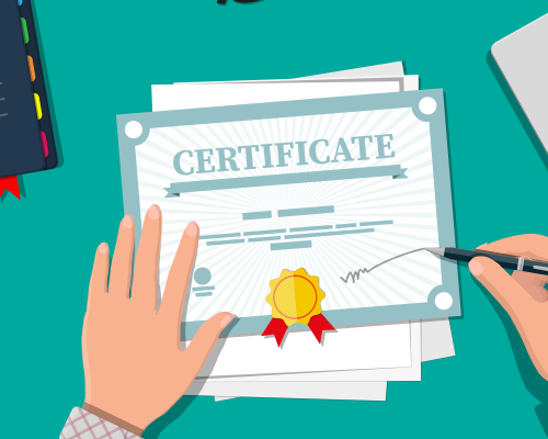 Illustration of hands adding a signature to a certificate.